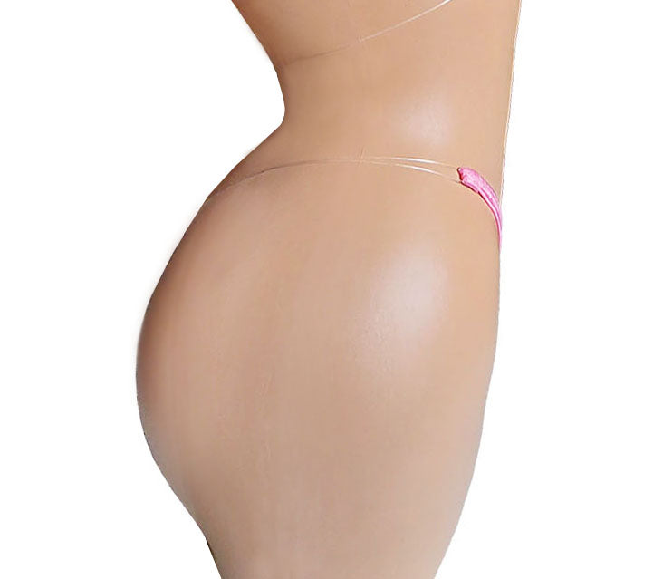 Side view of a baby pink micro g-string thong with clear elastic straps.