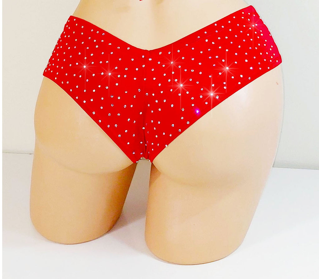Rhinestoned Red micro shorts on a mannequin against a white background