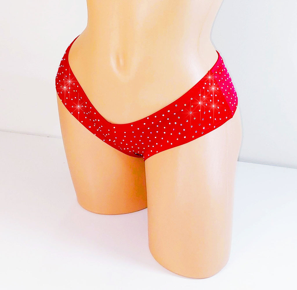 Rhinestoned micro shorts bikini bottom on a mannequin against a white background