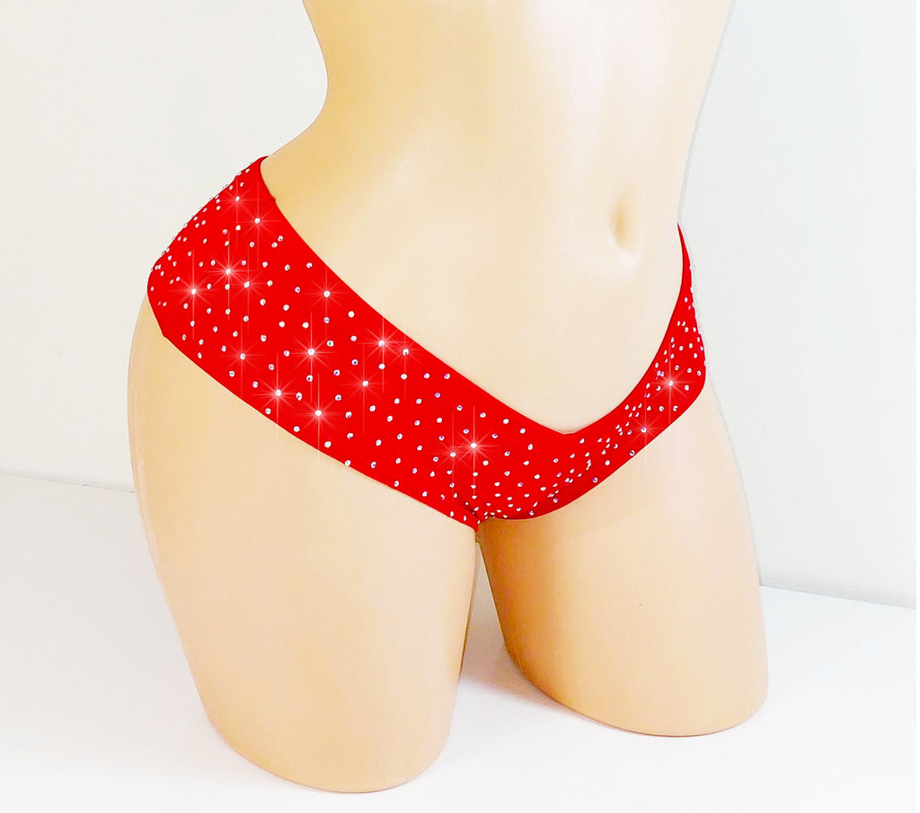 Rhinestoned micro shorts bikini bottom on a mannequin against a white background