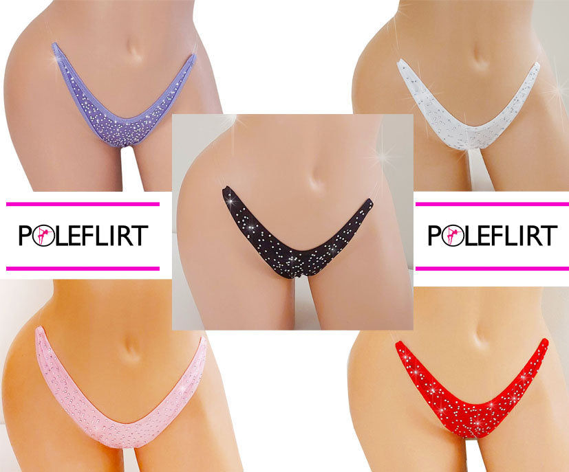A photo composite of 5 different colored bikini bottoms in lavender, white, baby pink, black and red, with rhinestones scattered all over along with the bikini brand logo.